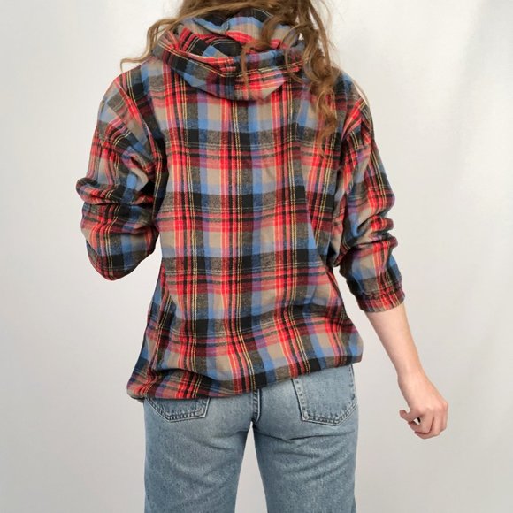 Vintage 90's Skater Plaid Shacket Hoodie Sweatshirt Grunge Pouch Pocket Buttons - Picture 3 of 4